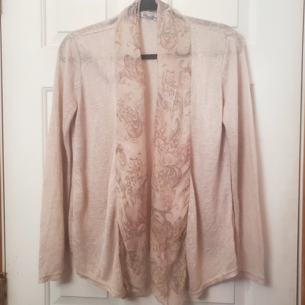 ELENA BALDI Open Front Floral Cardigan/Silk Top Size S Light Beige